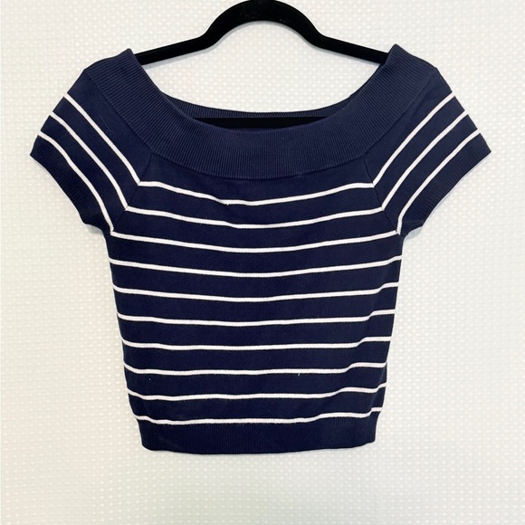 Cotton On Navy White Striped Knit Crop Top Cap Sleeve Fitted Size L - Picture 2 of 5